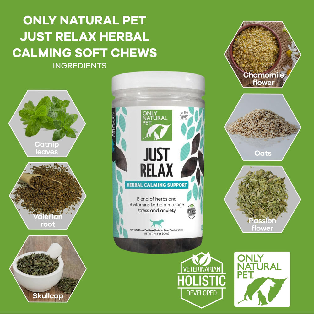Only Natural Pet Just Relax soft chews closeup showing bacon flavor for calming.