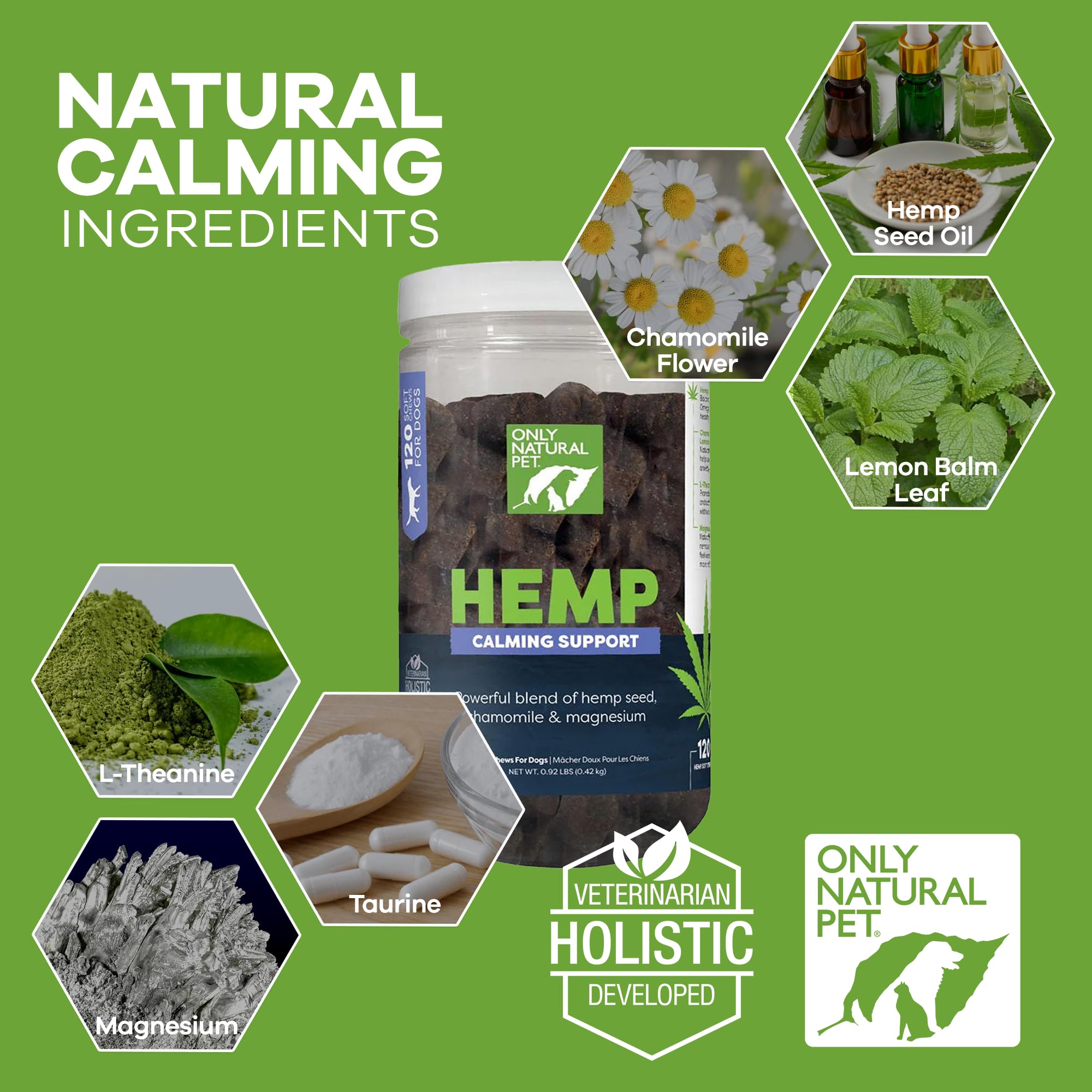 Only Natural Pet L-Theanine Chamomile Lemon Balm ingredients image highlighting calming botanicals.