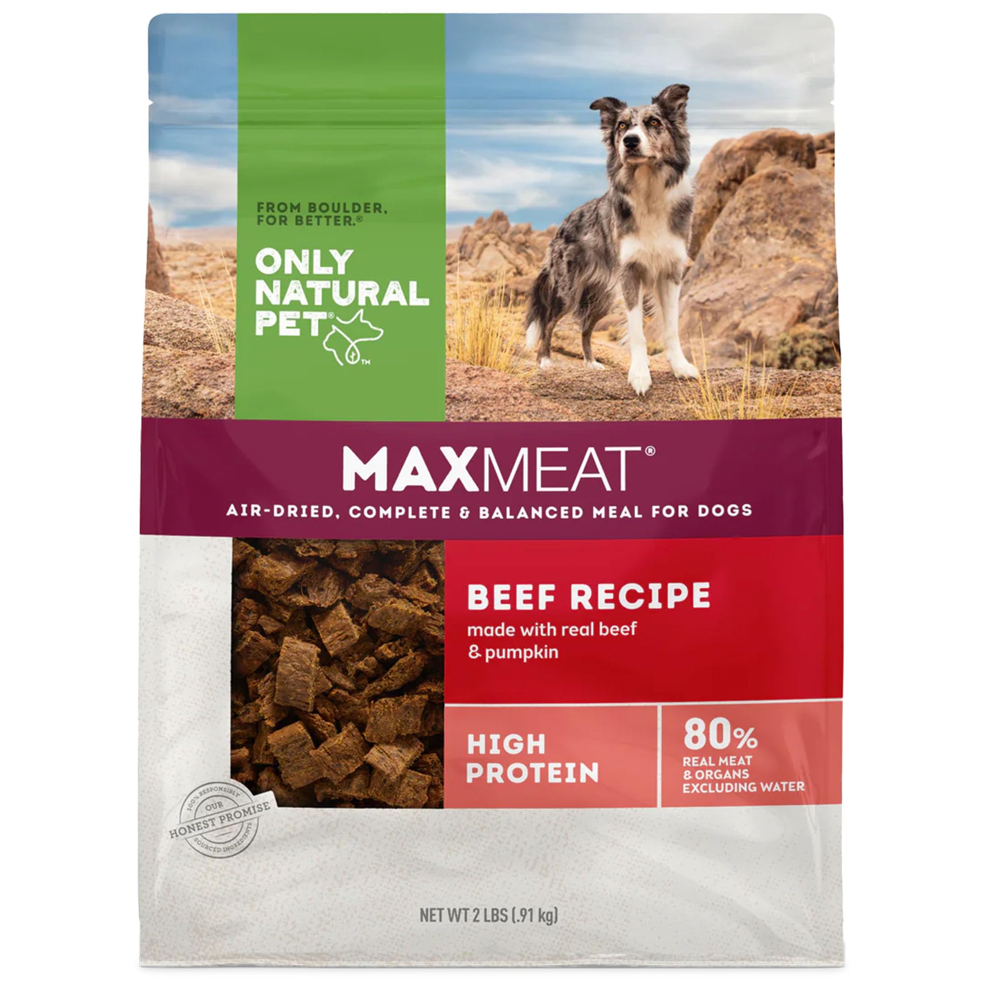 Only Natural Pet MaxMeat air-dried chunks show high-protein bite for active dogs