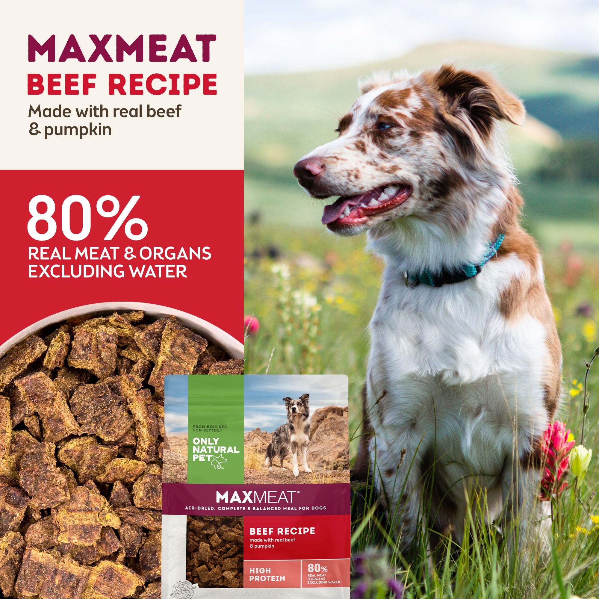 Only Natural Pet MaxMeat beef pieces with pumpkin and parsley for natural flavor and nutrition
