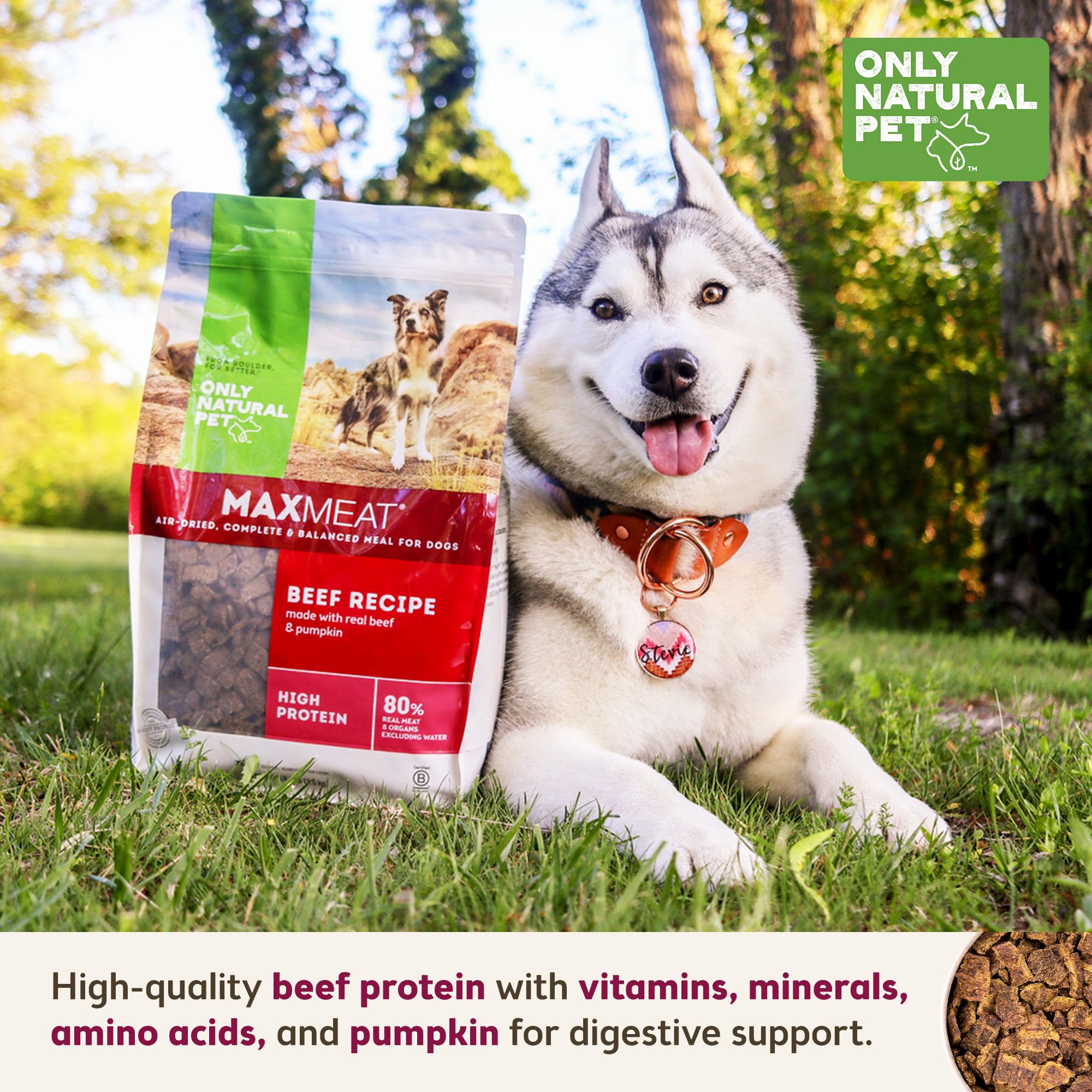 Only Natural Pet MaxMeat grain-free formula close-up showing meat-first ingredients