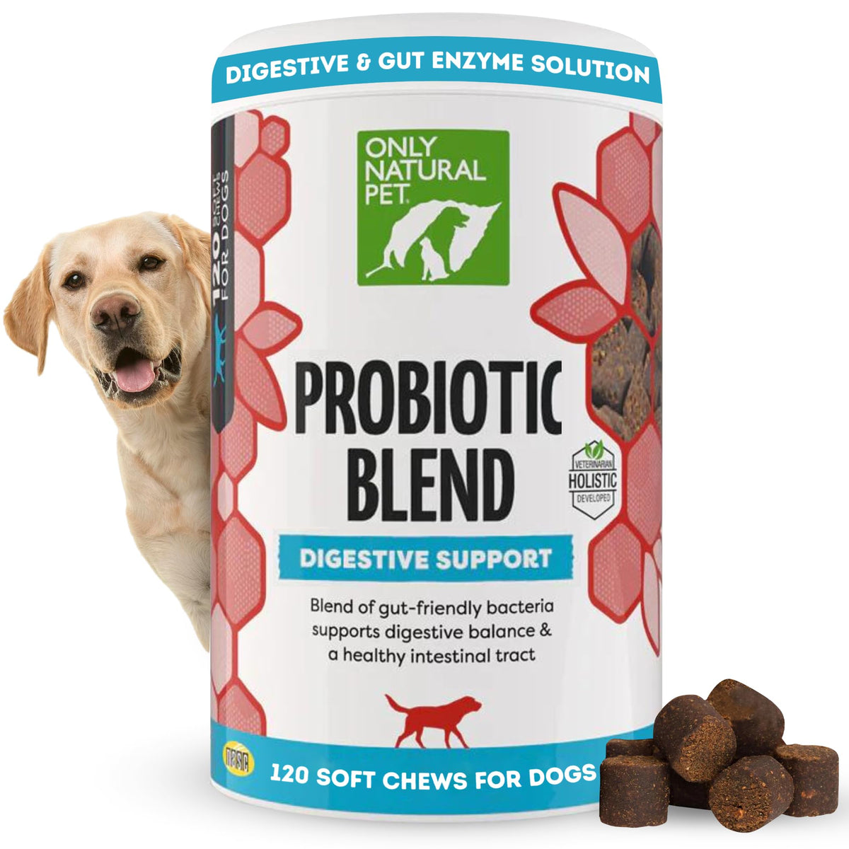 Only Natural Pet probiotic bottle pour shows digestive support for pets