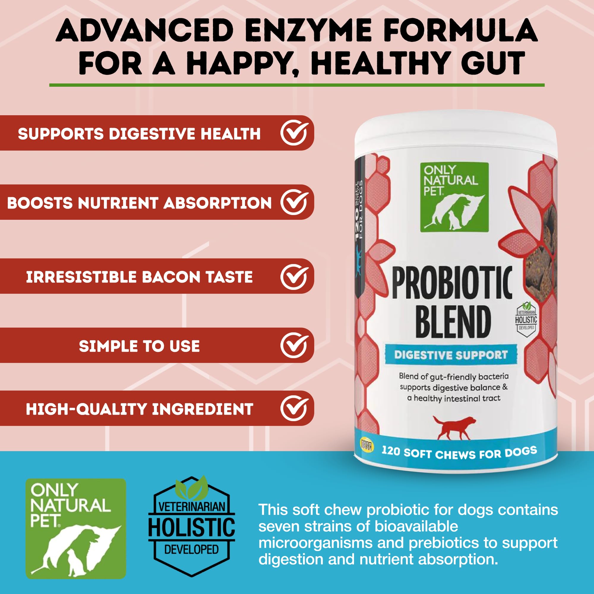 Only Natural Pet probiotic chews 60-count bacon-flavor for convenient stomach relief