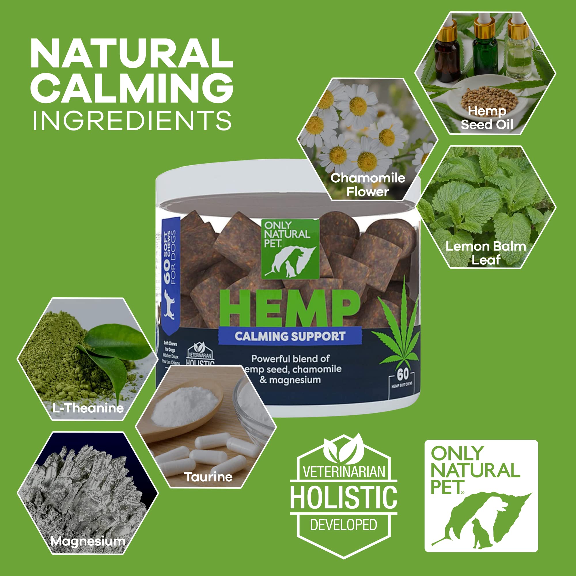 Only Natural Pet calming chews 60-count pack on shelf for natural stress support.