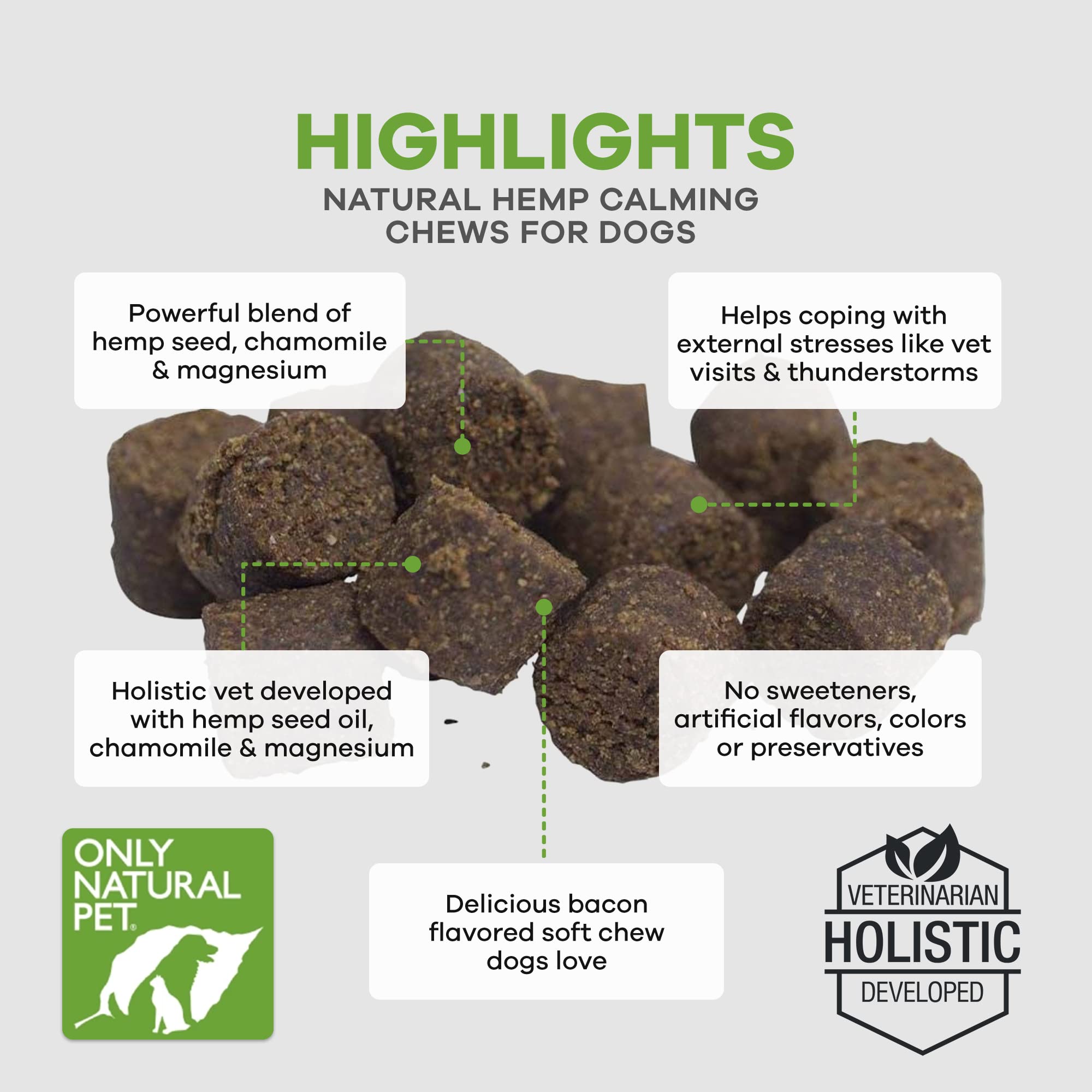 Only Natural Pet calming chews help dogs stay composed during thunderstorms.