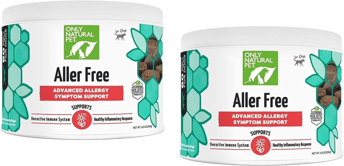 Only Natural Pet AllerFree Advanced dog supplement bottle front supports immune and respiratory comfort.