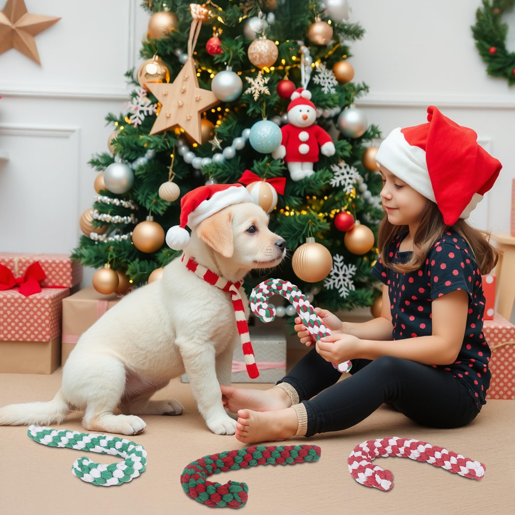 Onwoli Christmas Candy Cane Rope Toy in use by a small dog during play.