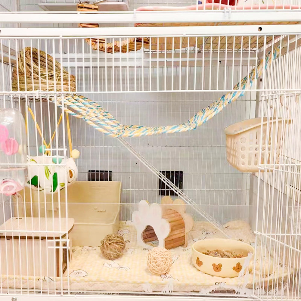 Oooct parrot climbing ladder bridge in a colorful cage setup for active climbing