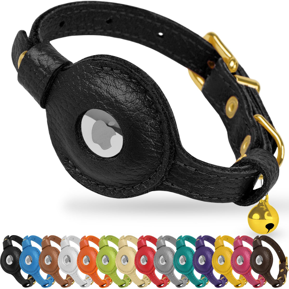 OOPSDOGGY leather AirTag cat collar close-up shows premium material and secure AirTag integration.
