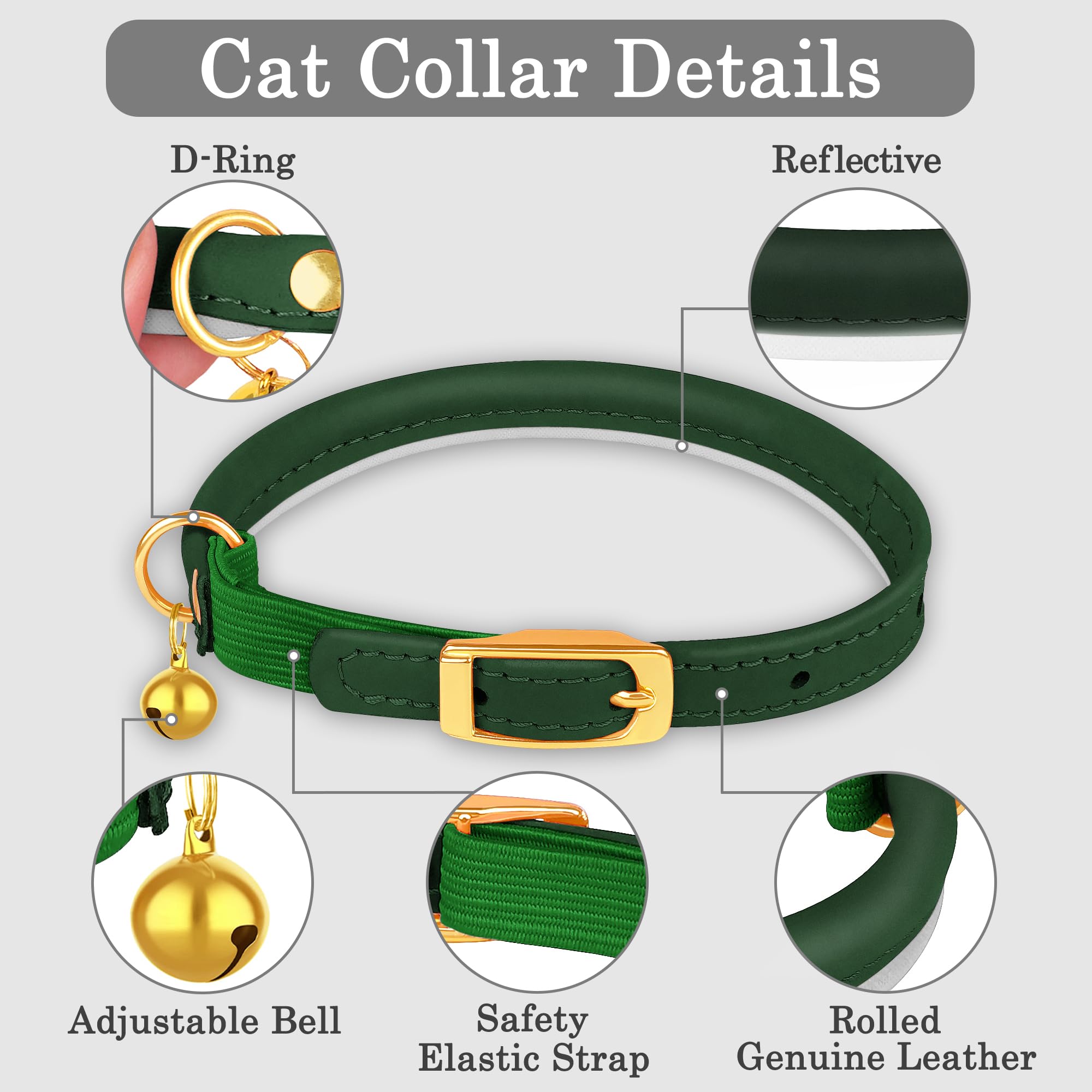OOPSDOGGY rolled leather cat collar green adjustable fit for 8 to 11 inch necks.