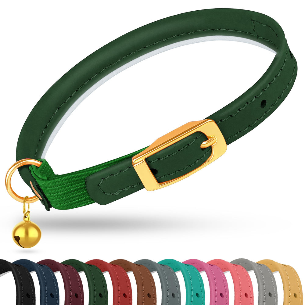 OOPSDOGGY rolled leather cat collar green closeup buckle improves comfort for long-haired cats.