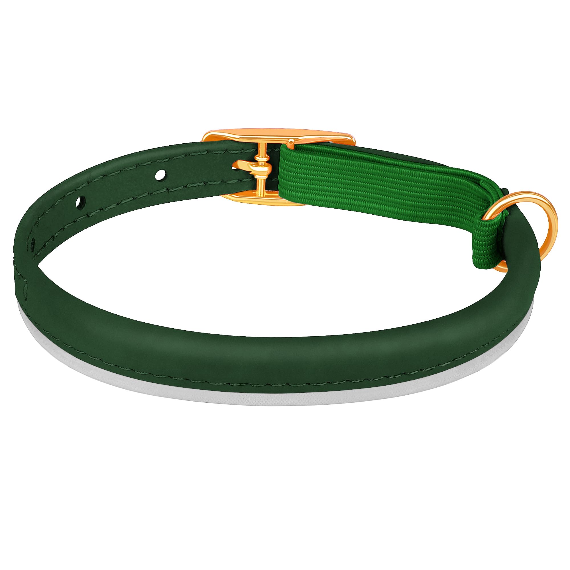 OOPSDOGGY rolled leather cat collar green reflective thread enhances visibility at night.
