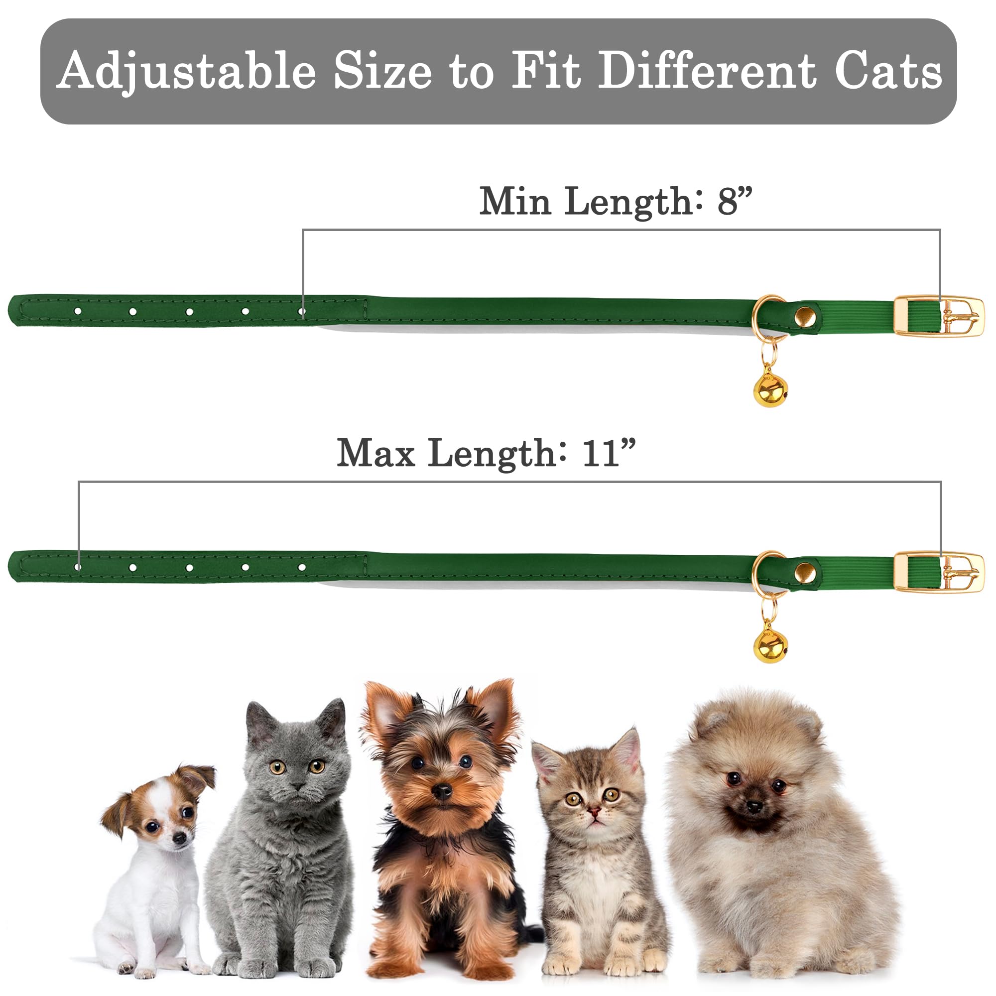 OOPSDOGGY rolled leather cat collar green safety elastic strap reduces snag risks.