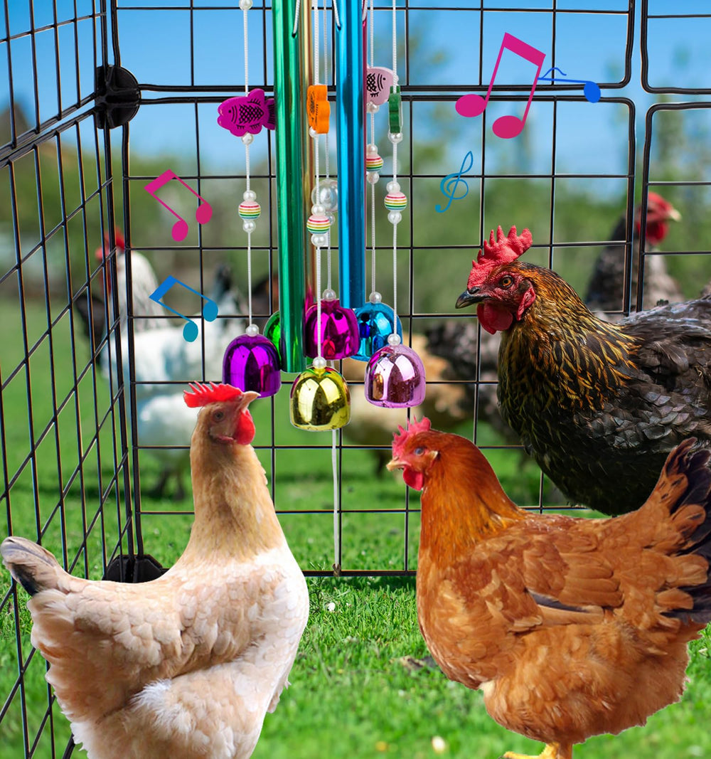 OOXYG wind chime beads and bells colorfully attract hens for mental stimulation.