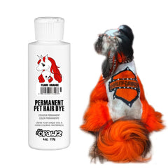 OPAWZ permanent dog hair dye bottle in flame orange demonstrates vibrant, long-lasting pet color.