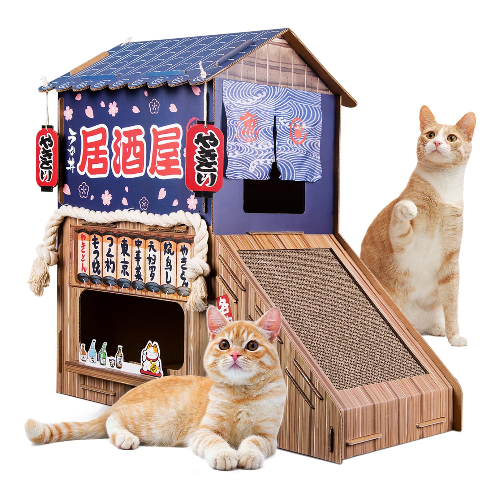 opbodqo cardboard cat house front view shows cozy double bed for lounging.