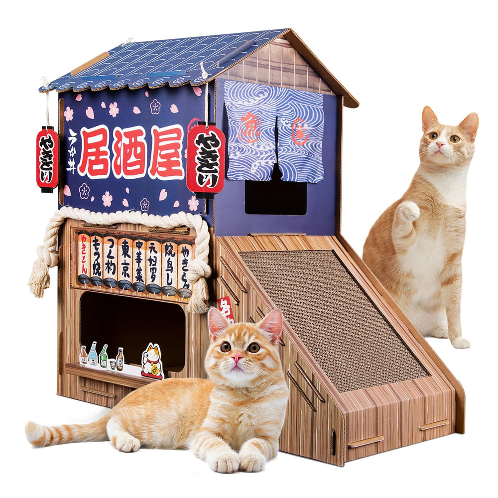 opbodqo cardboard cat house front view shows cozy double bed for lounging.