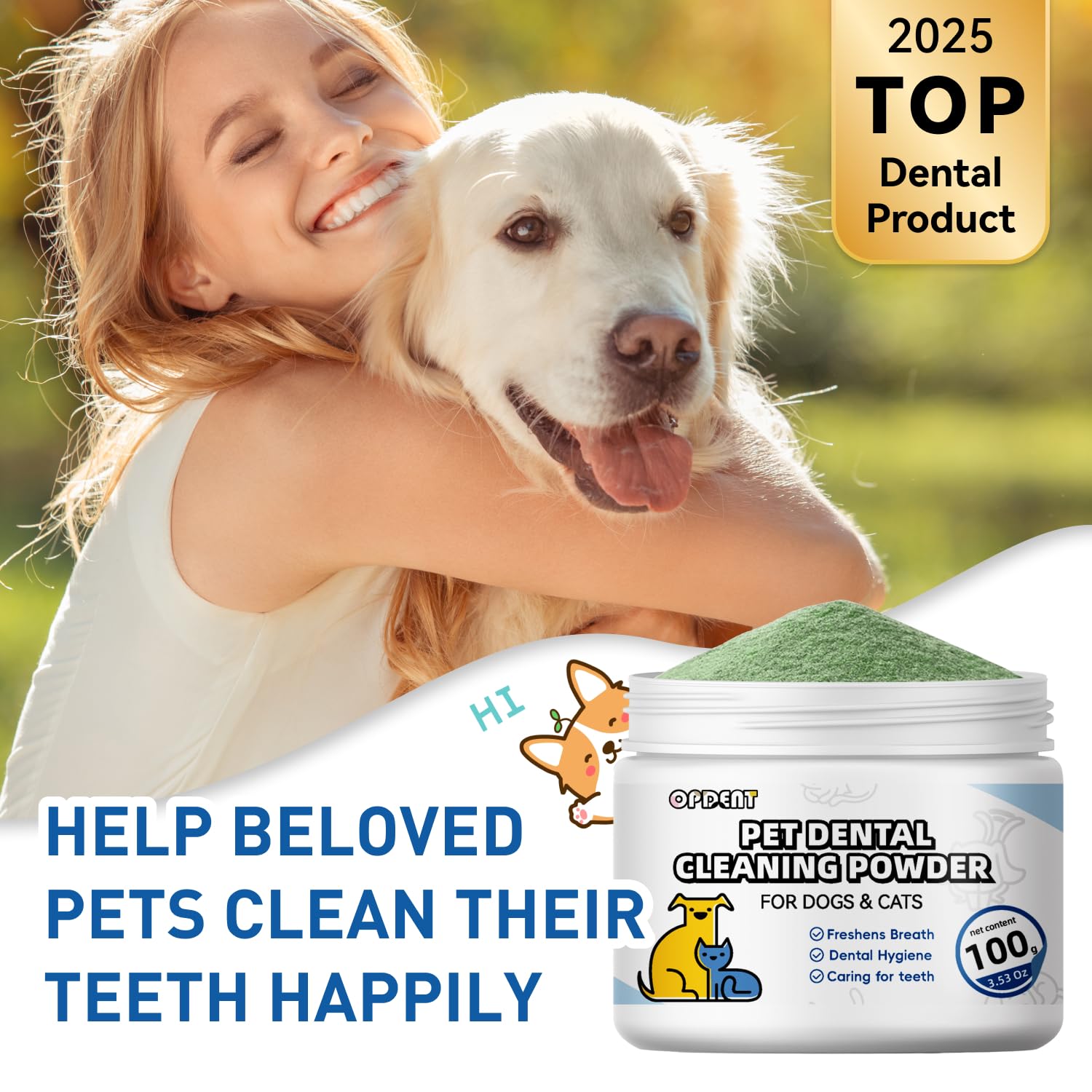 Opdent Dog Dental Powder suitable for all breeds in one container.