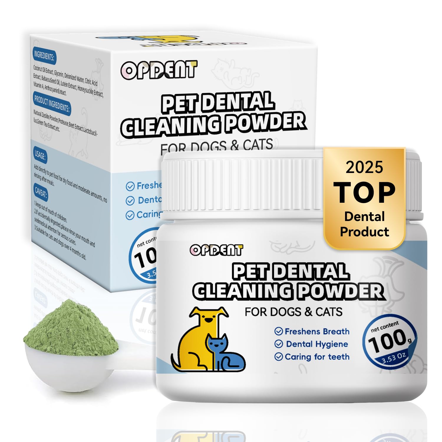 Opdent Dog Dental Powder bottle mint for fresh breath support.