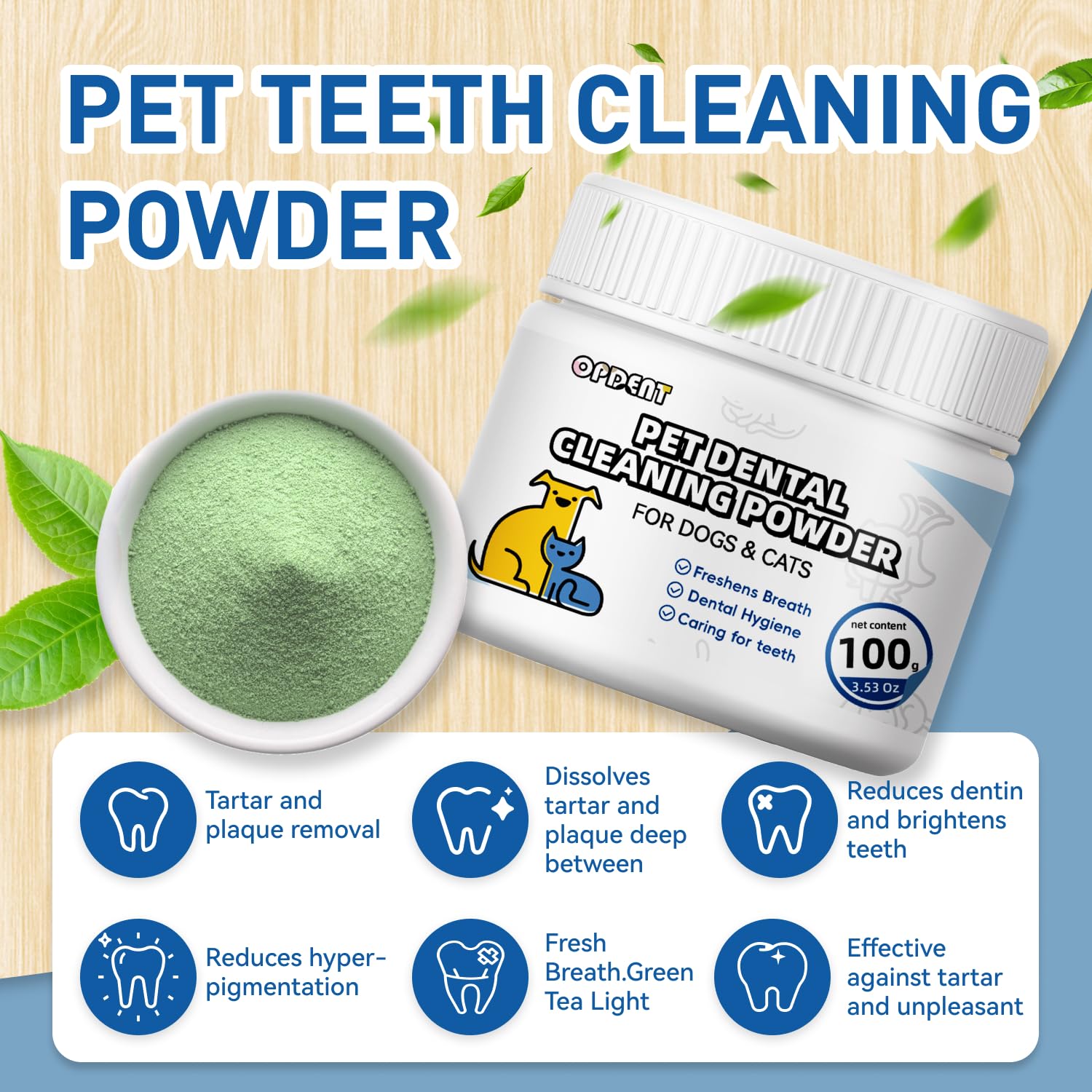Opdent Dog Dental Powder measuring spoon showing easy sprinkle-over-food use.