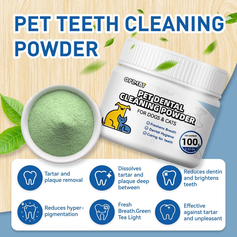 Opdent Dog Dental Powder measuring spoon showing easy sprinkle-over-food use.