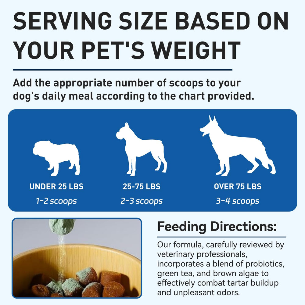 Opdent Dog Dental Powder being sprinkled over food for daily dental care.