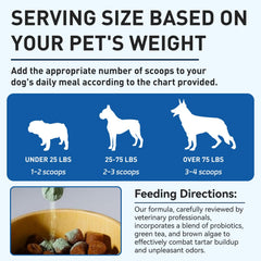 Opdent Dog Dental Powder being sprinkled over food for daily dental care.