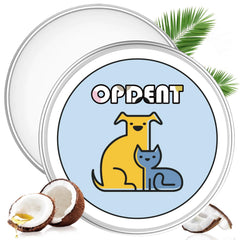Opdent dog paw balm tube closeup showing soothing coconut-infused formula for dry paws.