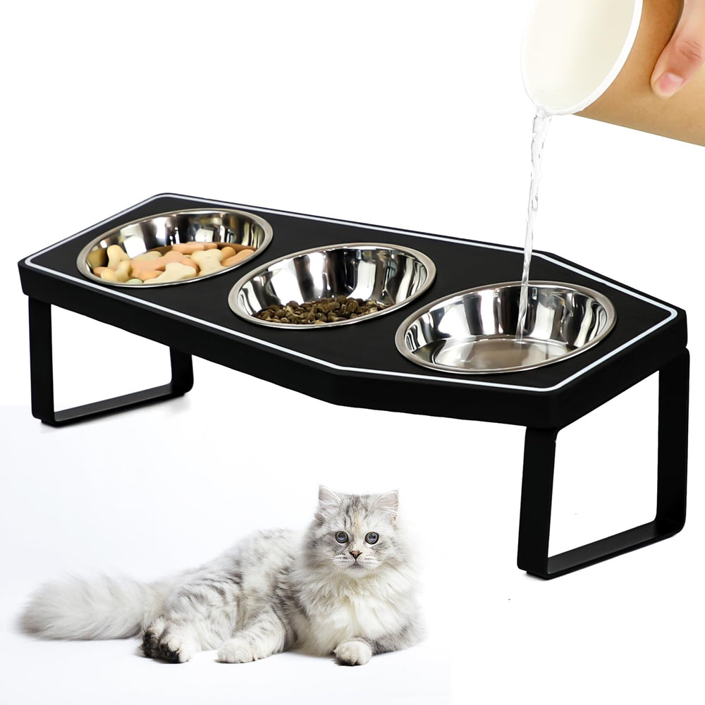 OPELETNNT Gothic cat bowls 3-pack ready for whisker-friendly meals on a wood board.