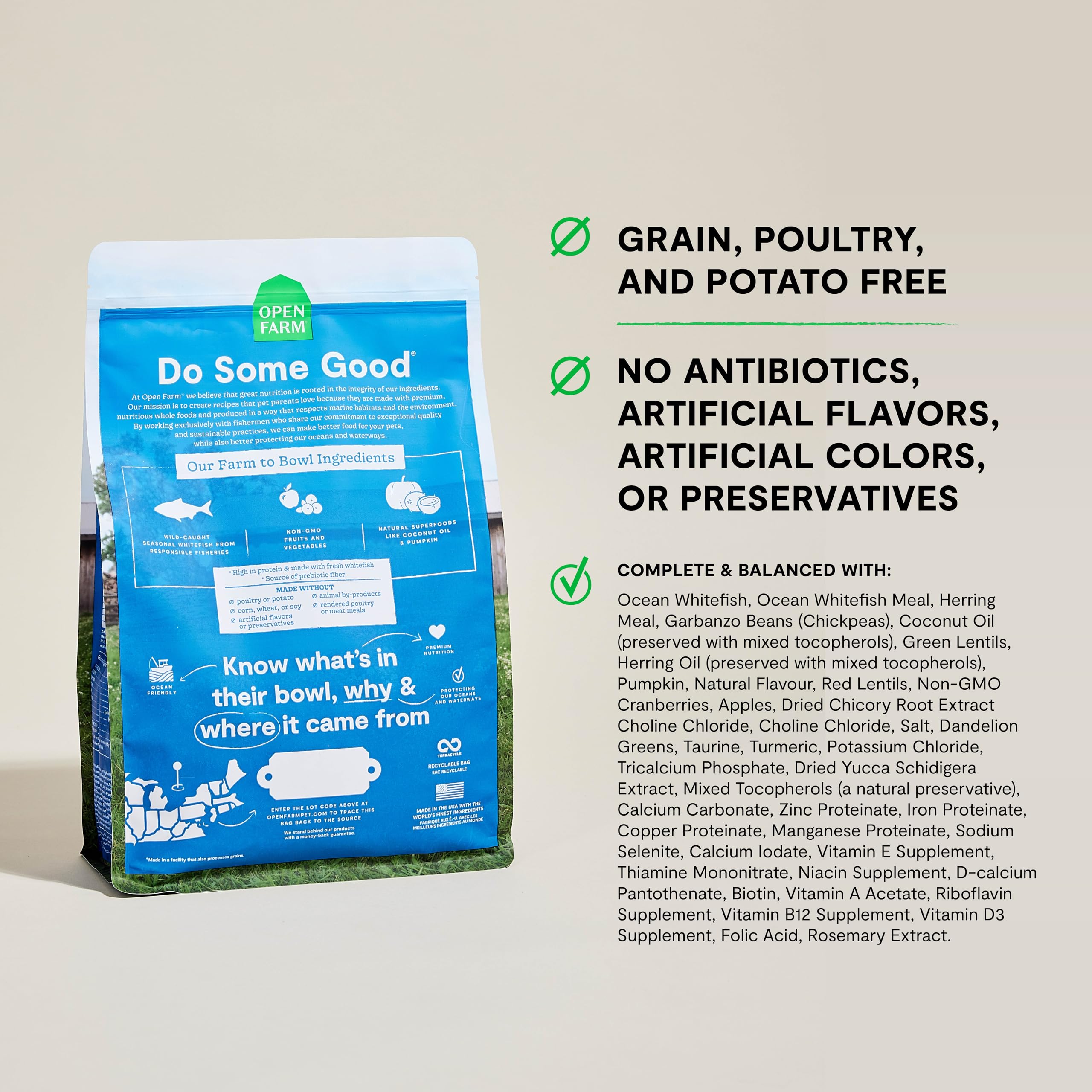 Open Farm 4lb bag packaging shot communicates convenient, long-lasting cat food option.