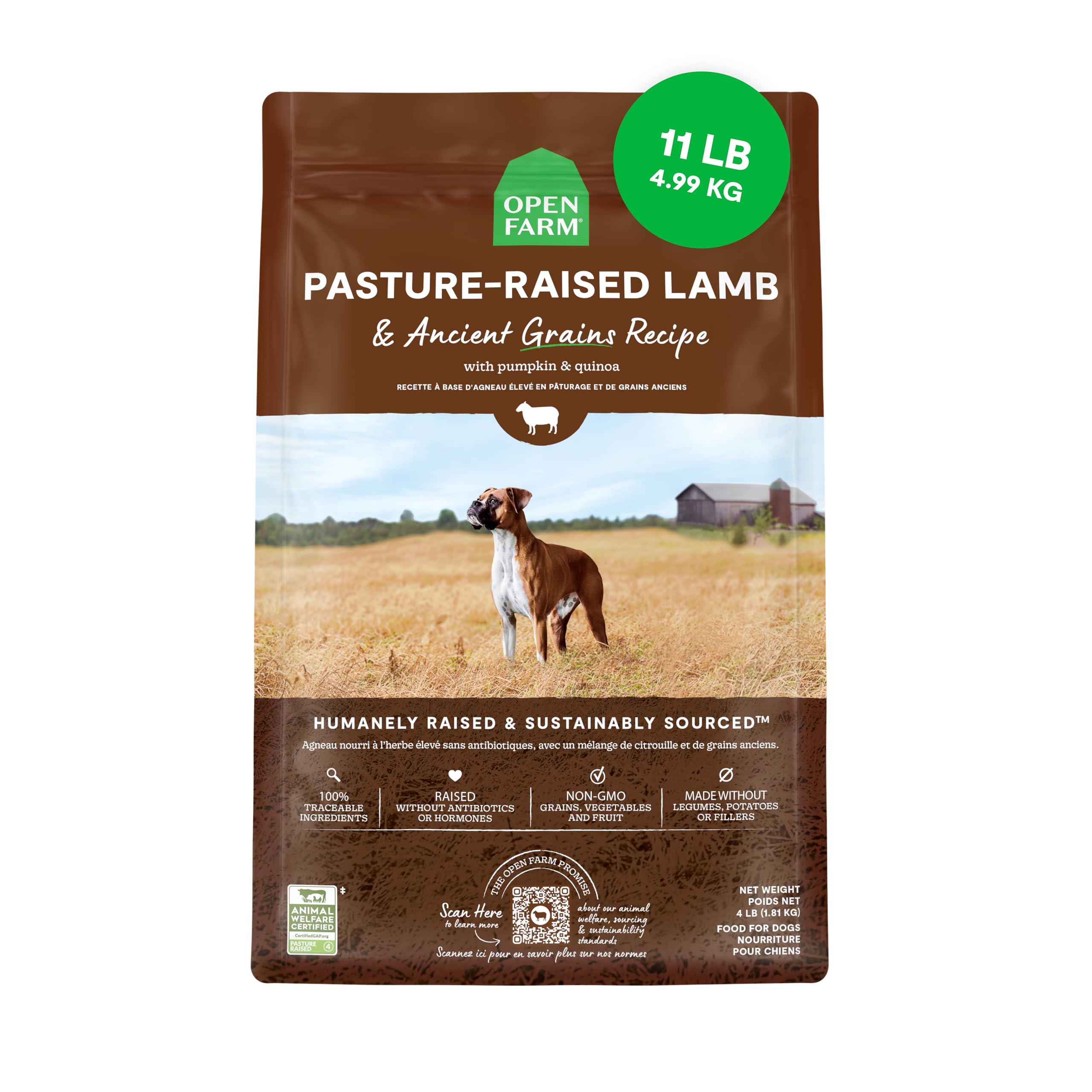 Open Farm ancient grains dry dog food bag front shows protein-rich recipe for strong muscles