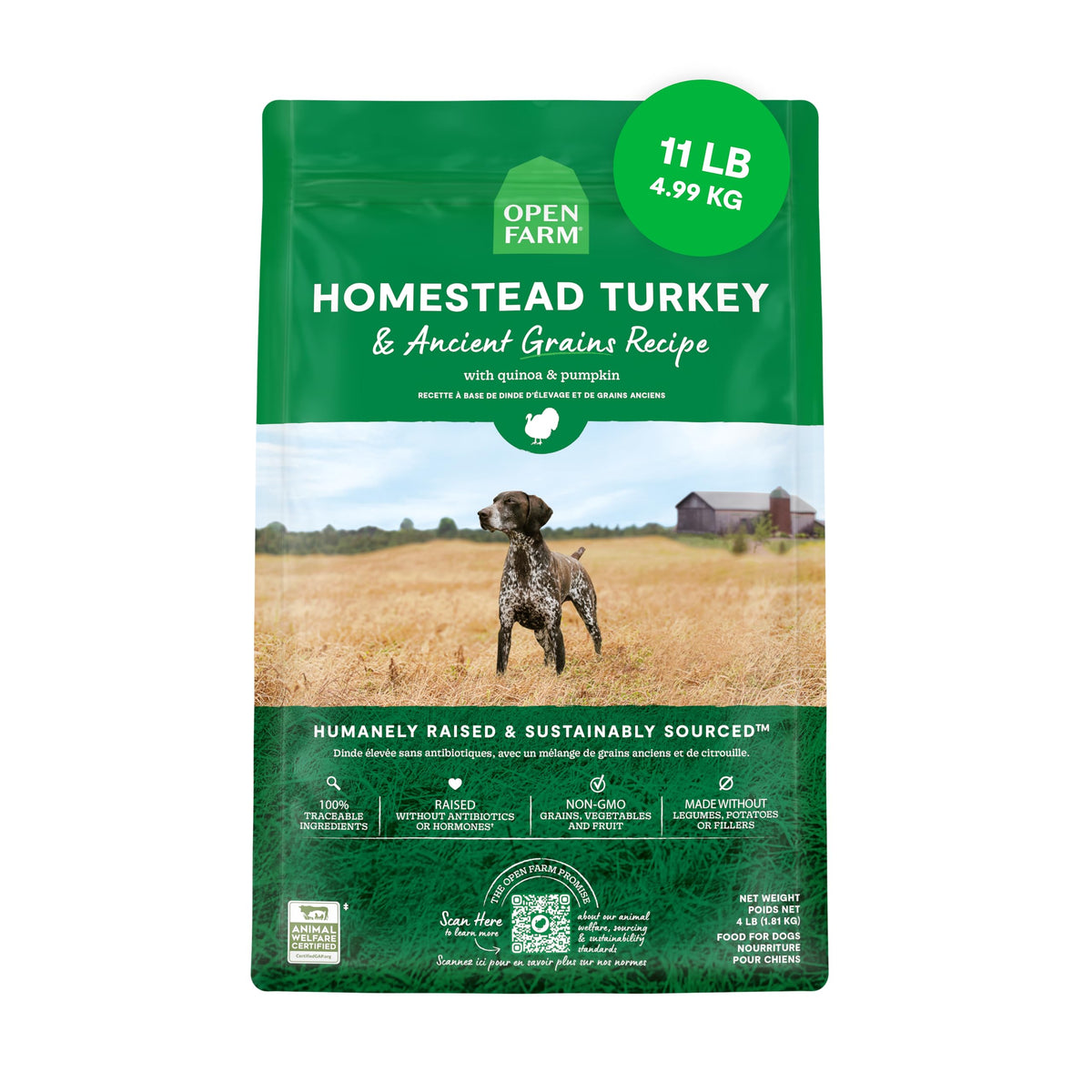 Open Farm ancient grains dry dog food bag shows protein-rich formulation for healthy muscles.