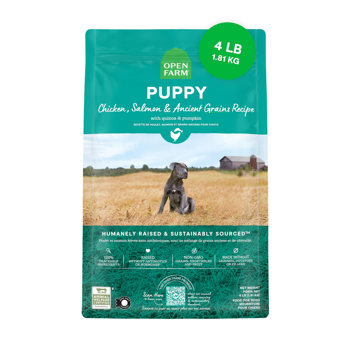Open Farm ancient grains puppy dry dog food bag with chicken and salmon supports protein-rich growth.