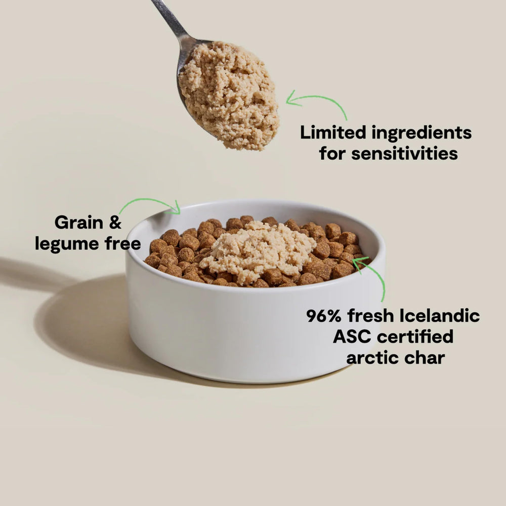 Open Farm Arctic Char Topper Can Closeup showing silky mousse texture for easy meals