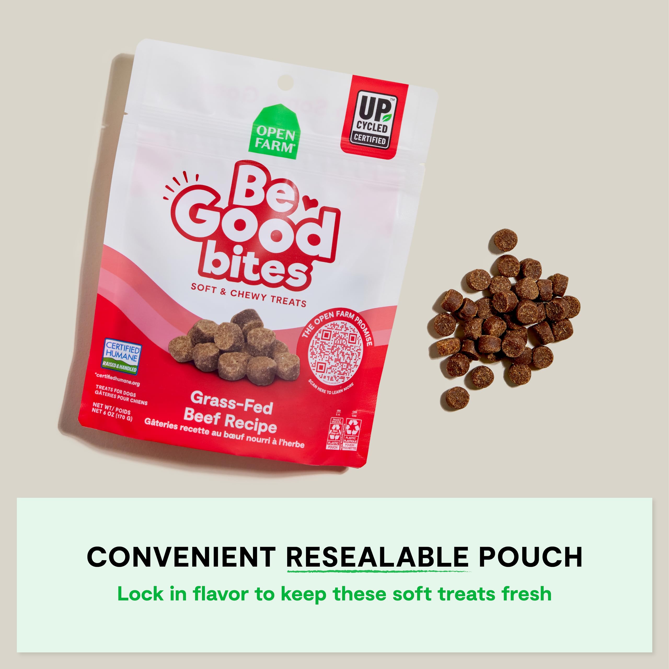 Open Farm Be Good Bites ingredients label highlighting ethically sourced, non-GMO grains.