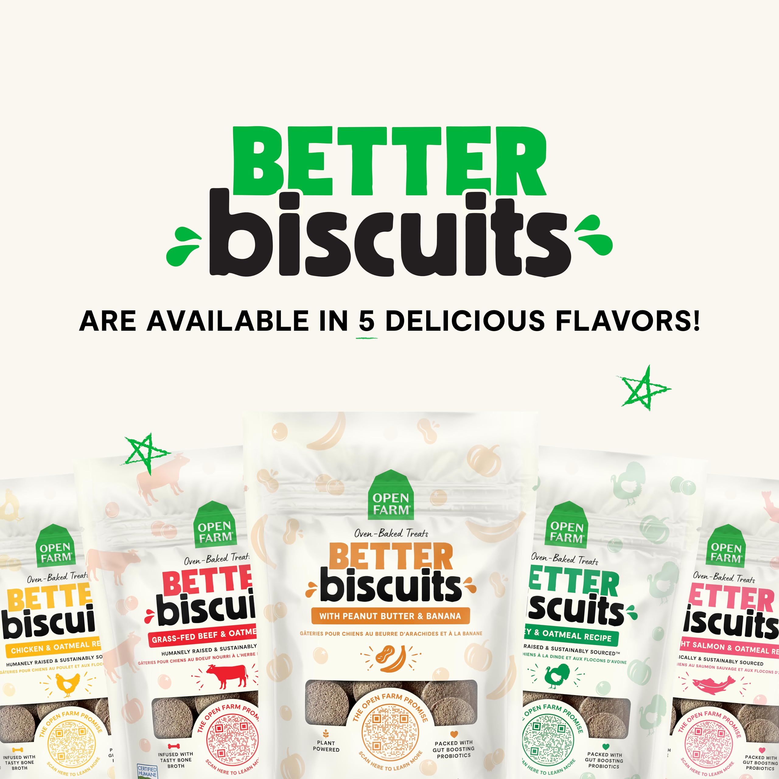 Open Farm Better Biscuits with 100 percent traceable ingredients.