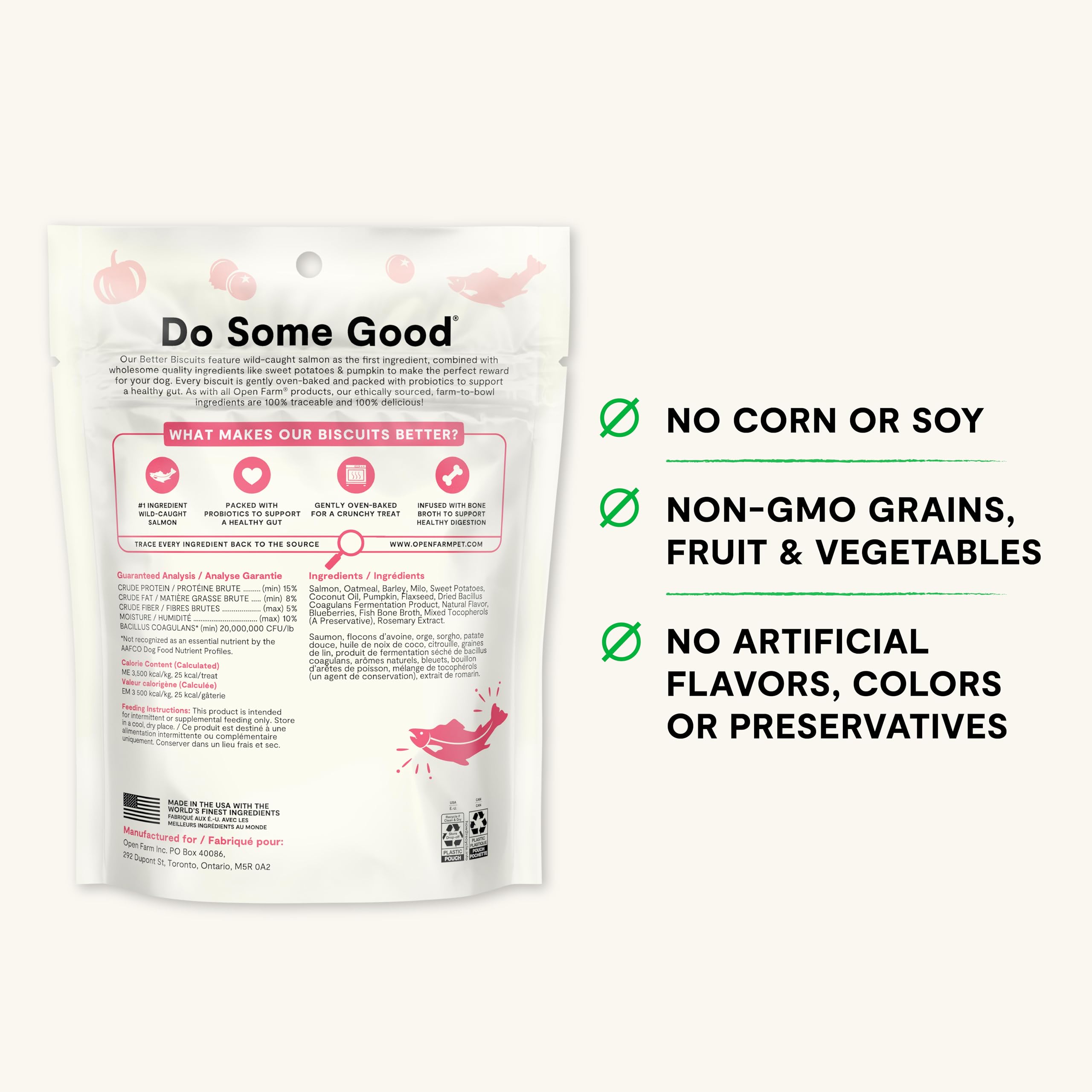 Open Farm Better Biscuits in 8oz pouch for on-the-go treats.