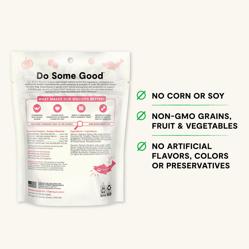 Open Farm Better Biscuits in 8oz pouch for on-the-go treats.