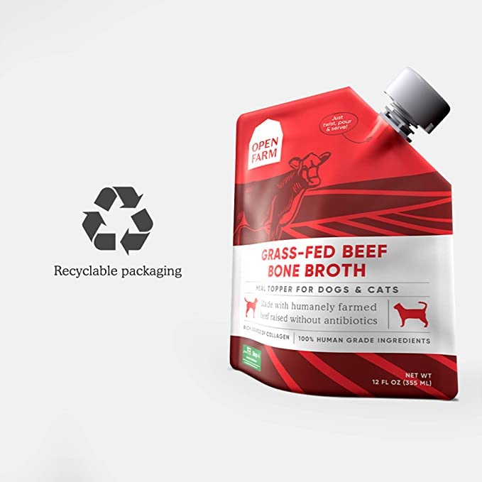 Open Farm bone broth bottle highlights farm-to-bowl transparency for traceability