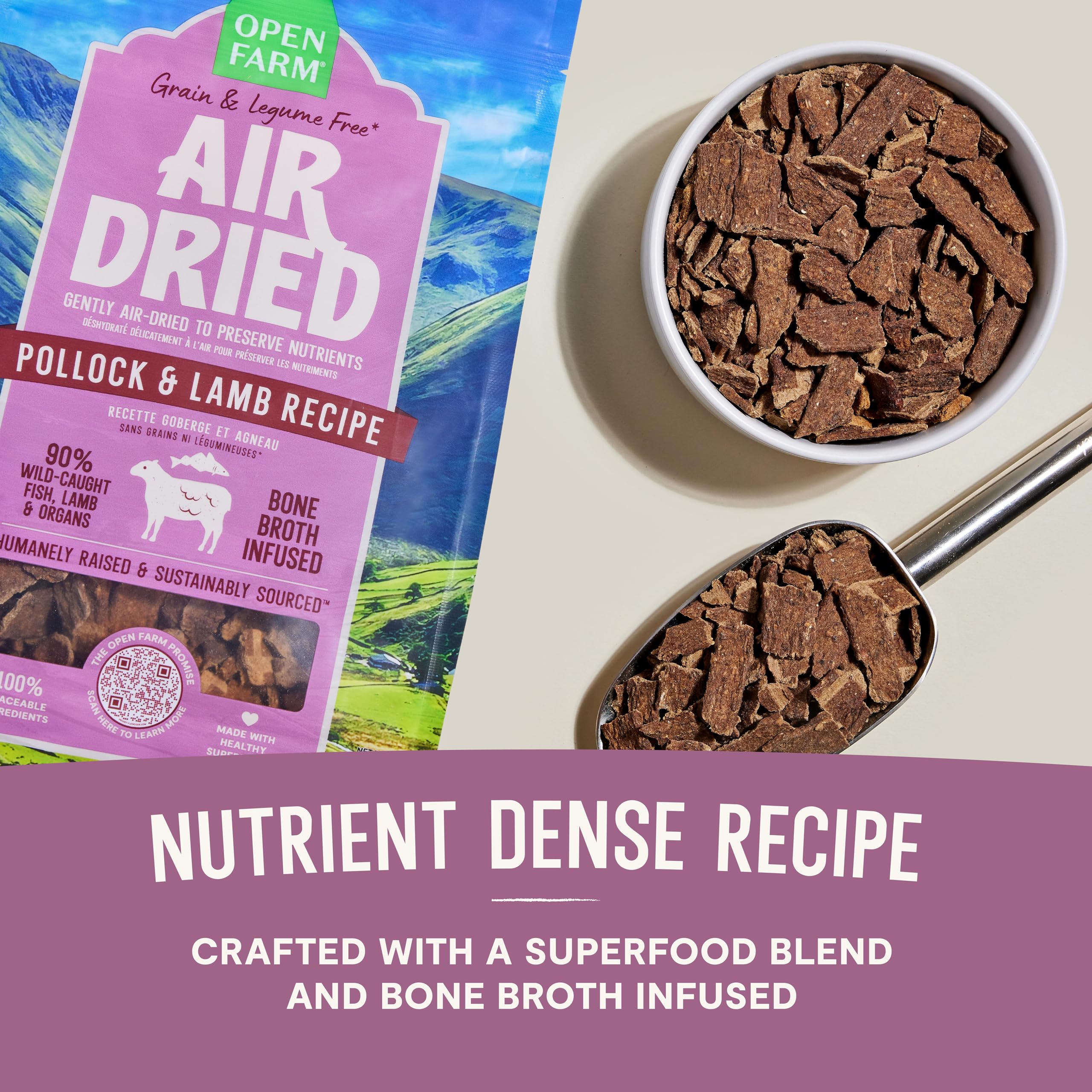 Open Farm bone broth infusion image highlights flavorful, palatable meal or topper option.