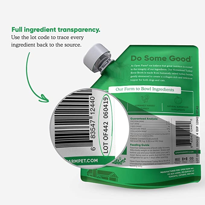 Open Farm bone broth label shows transparent sourcing.