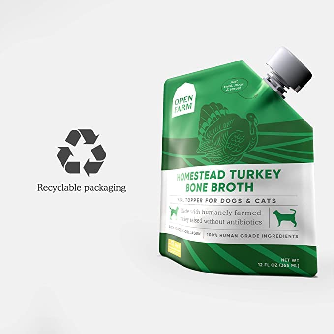 Open Farm bone broth serving for dogs and cats, versatile topper.