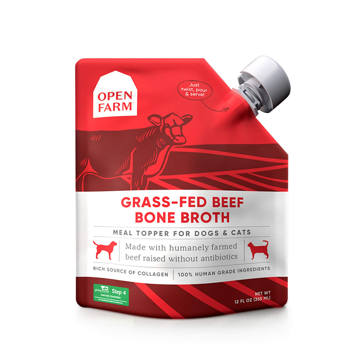 Open Farm Caldo de Huesos, vertido en tazón, complemento sabroso para perros y gatos.