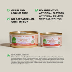 Open Farm ingredients highlight chicken and beef for grain-free, legume-free nutrition.