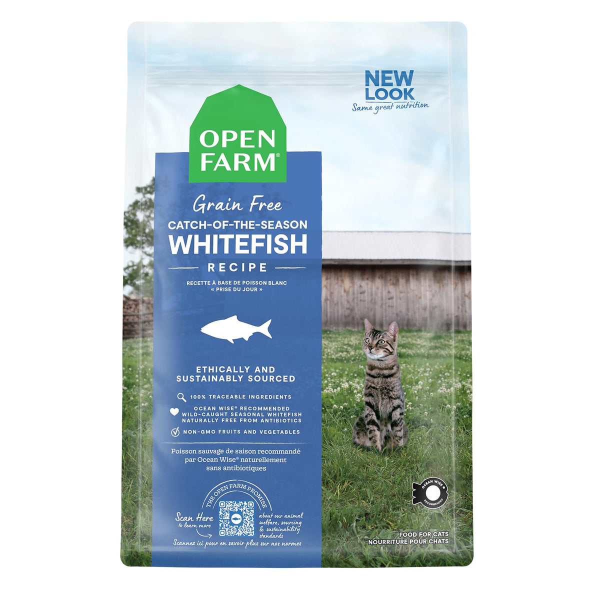 Open Farm catch-of-the-season whitefish bag shows sustainable sourcing and high-protein nutrition.