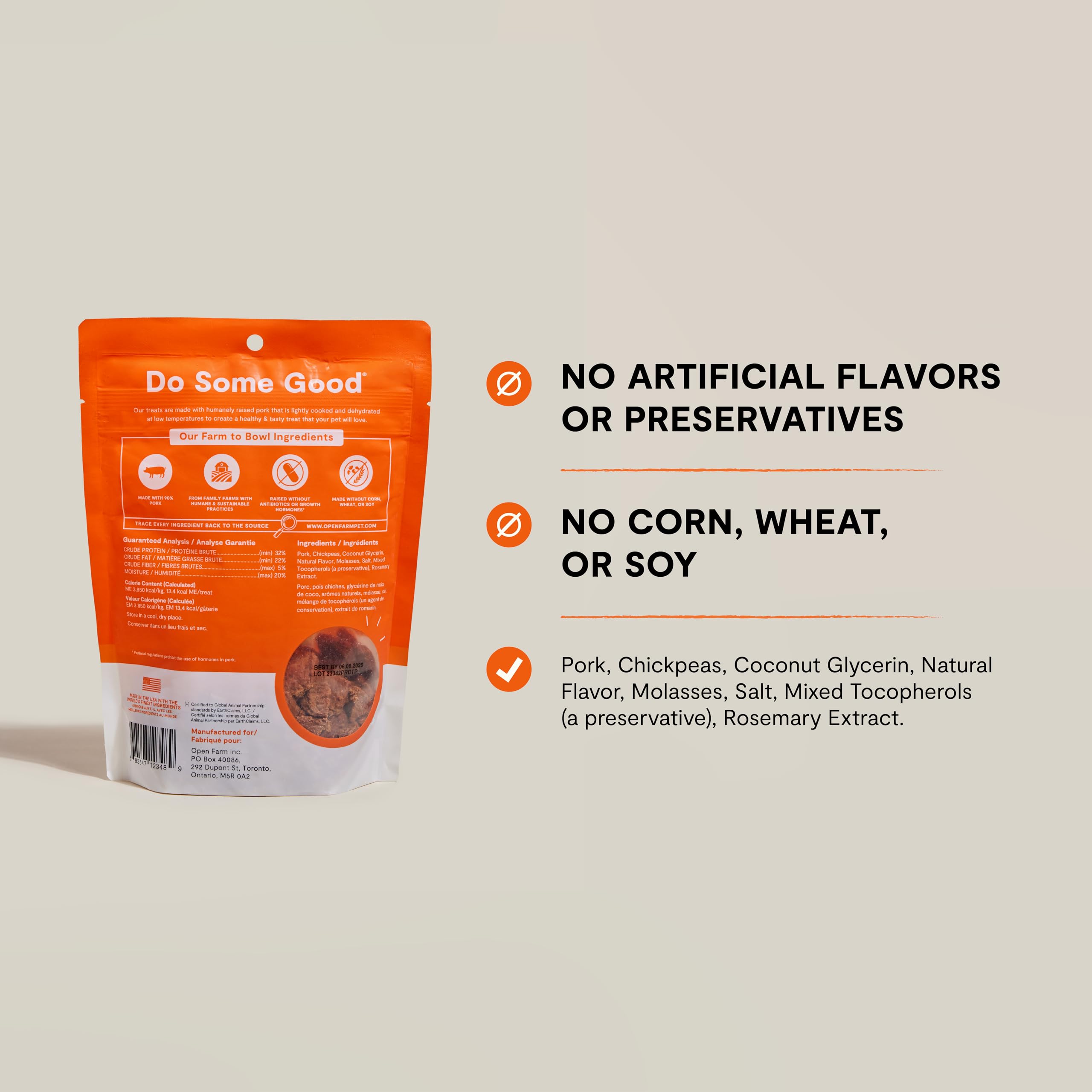 Open Farm certified humane pork treats image conveys ethical meat and pet nutrition benefits.