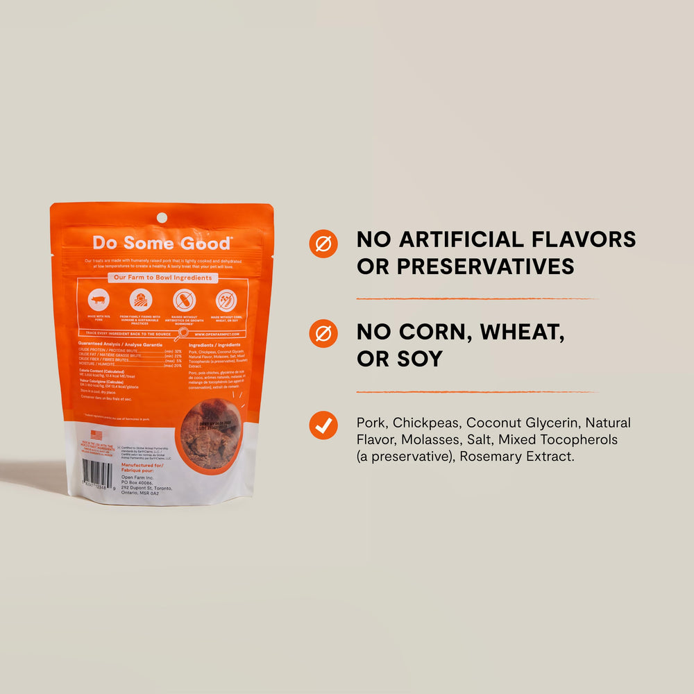 Open Farm certified humane pork treats image conveys ethical meat and pet nutrition benefits.