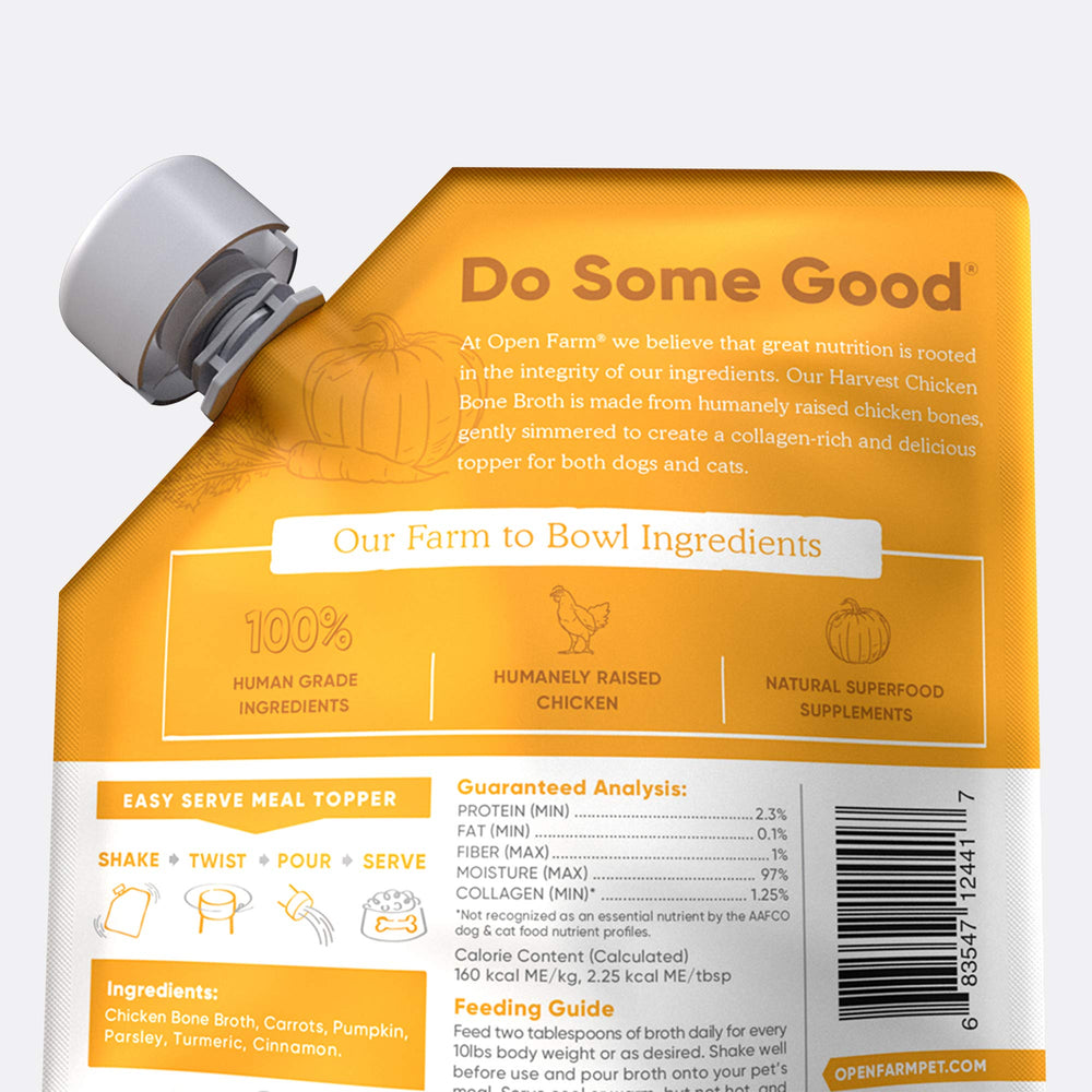 Open Farm bone broth served in dog and cat bowls enhances hydration and flavor.