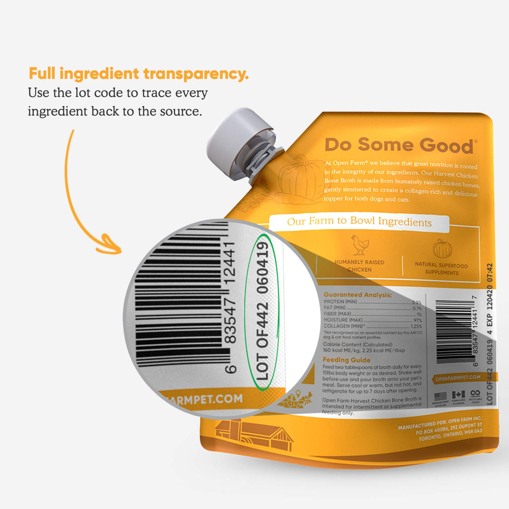 Open Farm product label with lot transparency supports ingredient traceability.