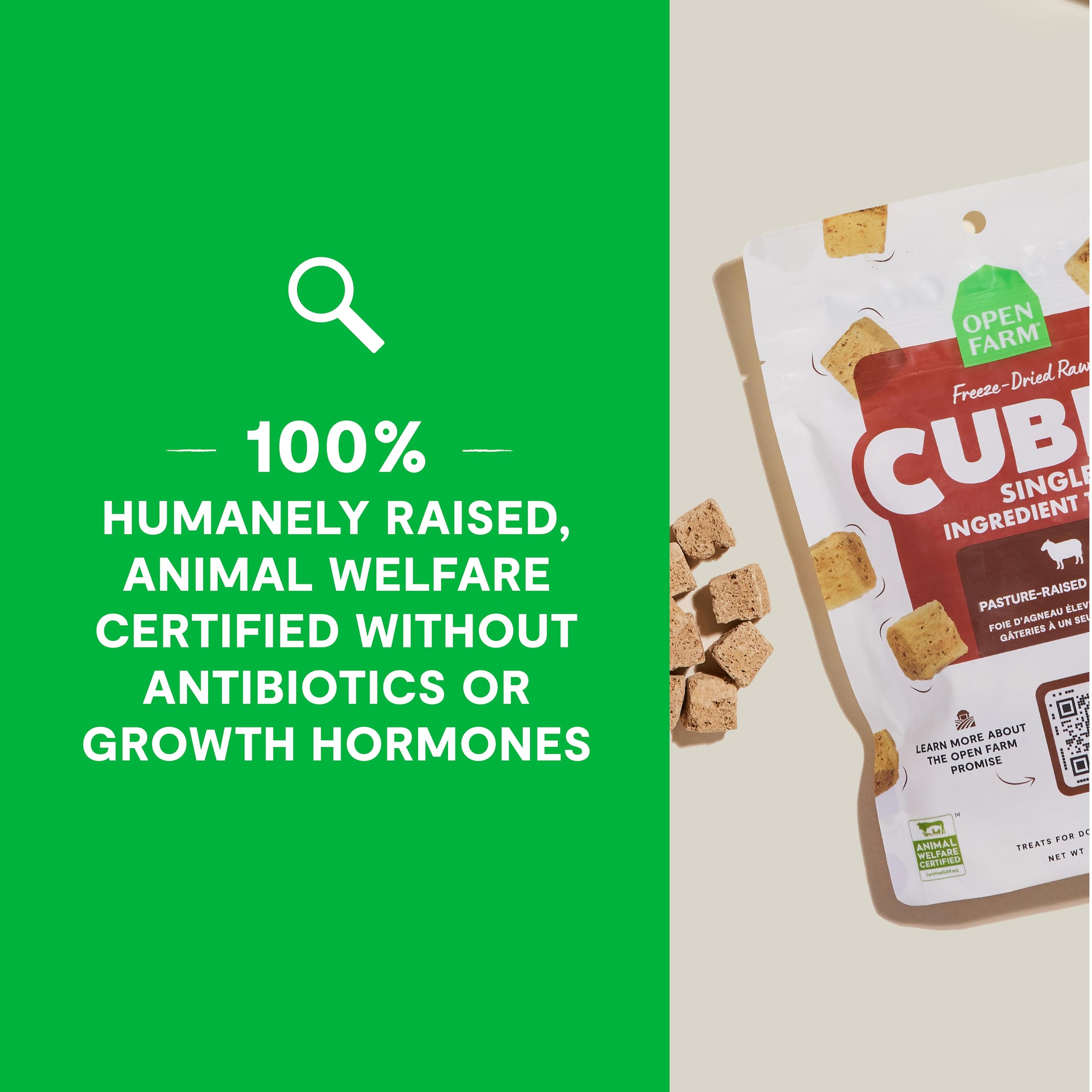 Open Farm Cubes ethically sourced poultry—humanely raised treats you can feel good about.